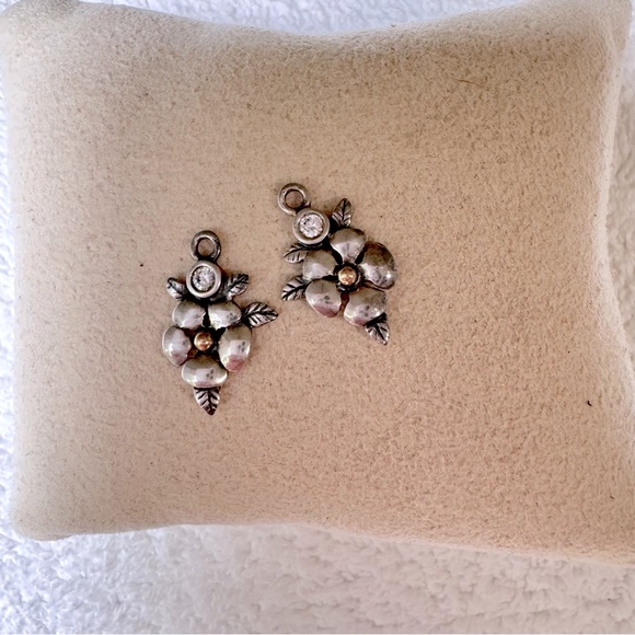 Pandora 14K Gold Sterling Silver CZ Flower Dangle Earring Charms CZ 290621 Rare - Picture 4 of 10